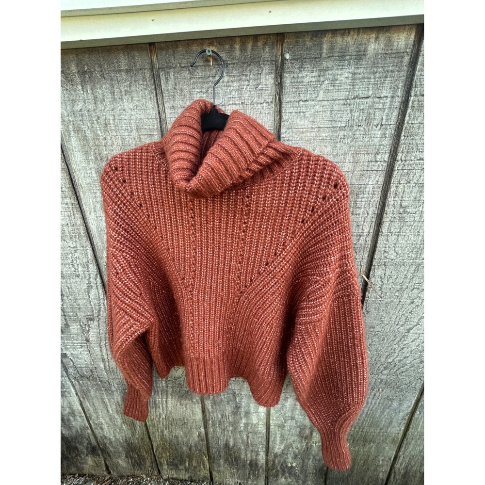Varley Rogan Rust Chunky Knit Turtleneck Oversized Cropped Balloon Sleeve Scandi